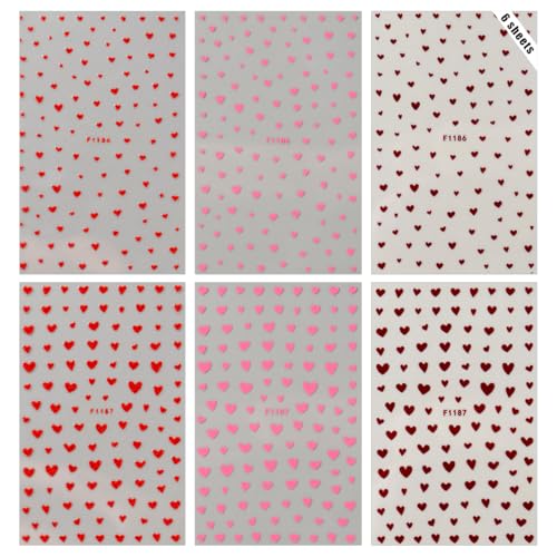 KTAABTR Valentines Style 06 Small Heart Nail Stickers 6 Sheets Glitter Decals for Manicure & DIY Nail Art