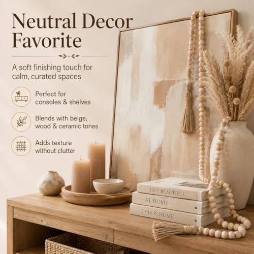 58-Inch Farmhouse Wood Bead Garland with Jute Tassels