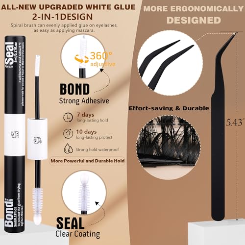 Geeneiya White Lash Bond & Seal Kit with Cluster Lashes 10-16mm DIY Eyelash Extensions