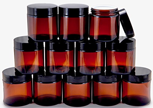 Vivaplex Amber 4 oz Round Glass Jars with Inner Liners & Black Lids - 12 Pack