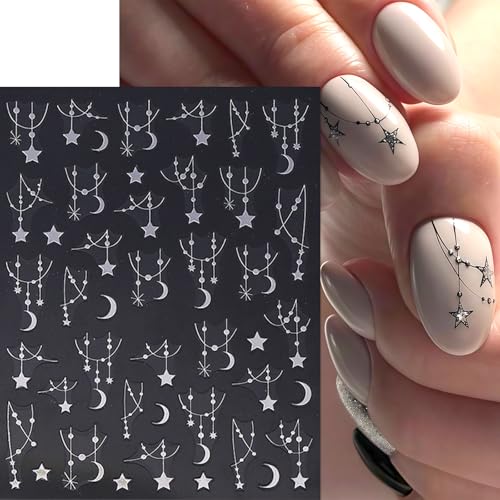 6 Sheets 3D Black Silver Star & Moon Nail Art Stickers