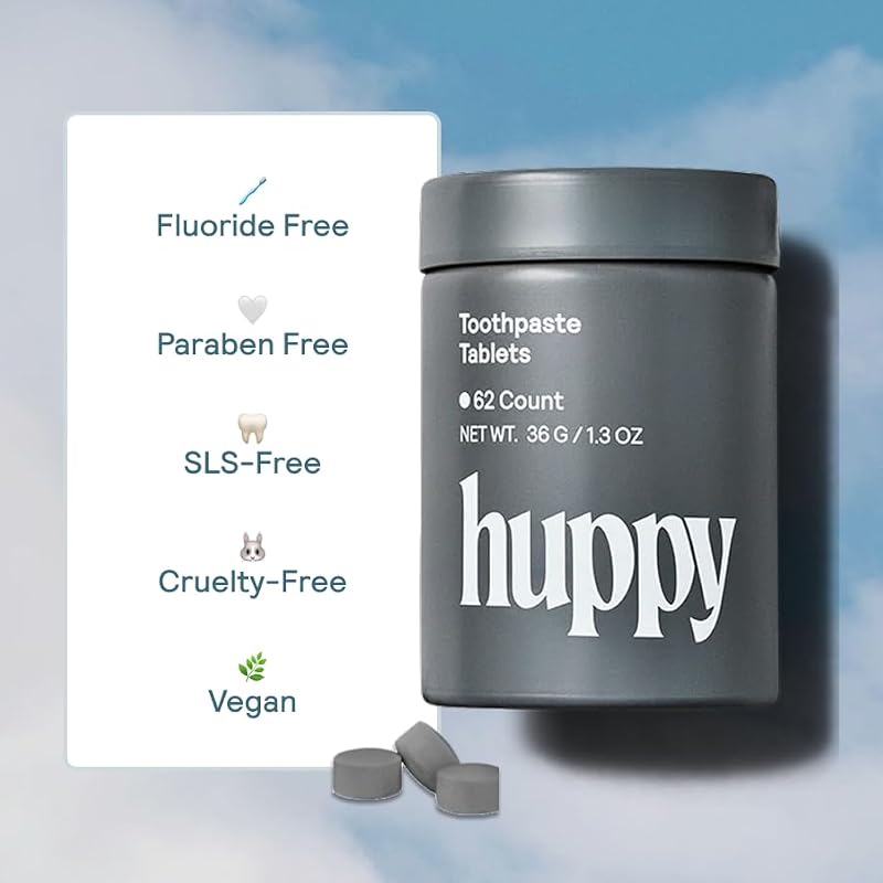 Huppy Toothpaste Tablets with Refillable Tin - Fluoride-Free, Charcoal Mint, 62 Count