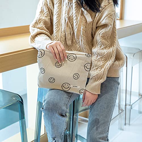 Corduroy Makeup Bag for Women - Smiley Face Cosmetic Organizer
