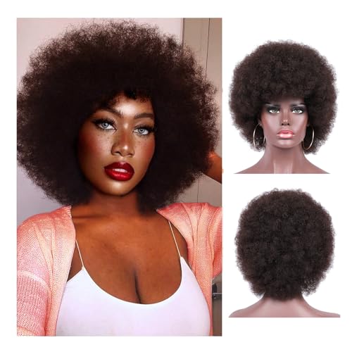 Short Kinky Curly Afro Wig with Bangs - Brown Synthetic 70s Disco Hair
