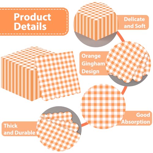 100 Pcs Orange Gingham Disposable Napkins - 6.5 Inch Scalloped Paper for Parties