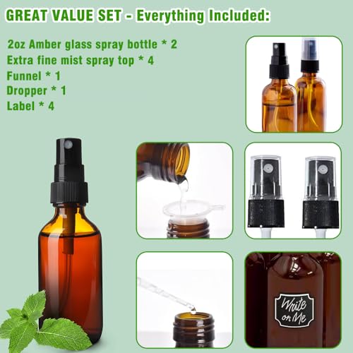 2oz Amber Glass Spray Bottles Set for Essential Oils & Travel - 2-Pack