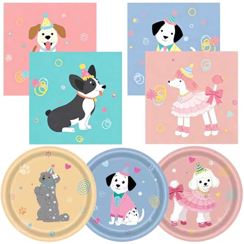 Dog Birthday Party Supplies Set - 48 Pcs Cute Puppy Plates & Napkins