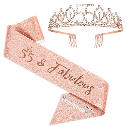 Rose Gold 55th Birthday Sash and Rhinestone Tiara Set