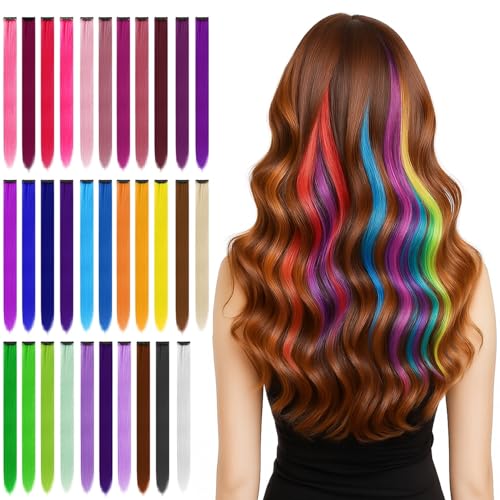 Rainbow Hair Extensions Clip-In 32 Pcs 20 Inch Multicolor Straight for Girls - BEAHOT