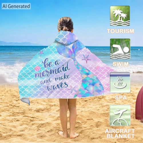 Kids Mermaid Hooded Beach Towel - Quick Dry Microfiber, 30"x50"