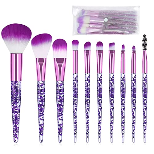 ANROLA 10-Piece Glitter Handle Makeup Brush Set with Cosmetic Bag - Professional Face & Eye Brushes