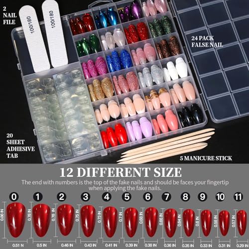 FANDAMEI Short Almond Press on Nails Kit - Cat Eye, Glitter, French Tip (576PCS)