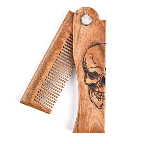 Menesia Skull Folding Wooden Beard Comb for Men with Leather Travel Case