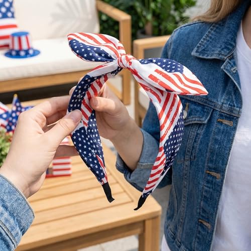 SEVSOASEVK Bule American Flag Headbands with Patriotic Bows - 4th of July Accessories