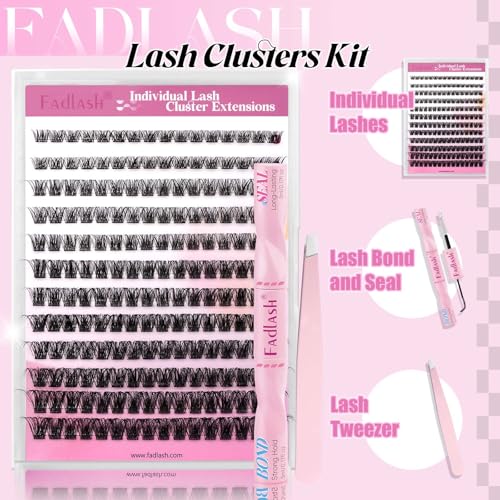 FADLASH C3-0.07D Lash Extension Kit Fluffy Wispy Clusters for Beginners, Reusable Eyelash Extensions with Bond & Seal