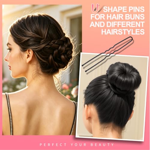 Teenitor 210 Black Hair Pins 3 Sizes U-Shaped Bobby Pins for Buns (2, 2.4, 2.8) — Clear Storage Box