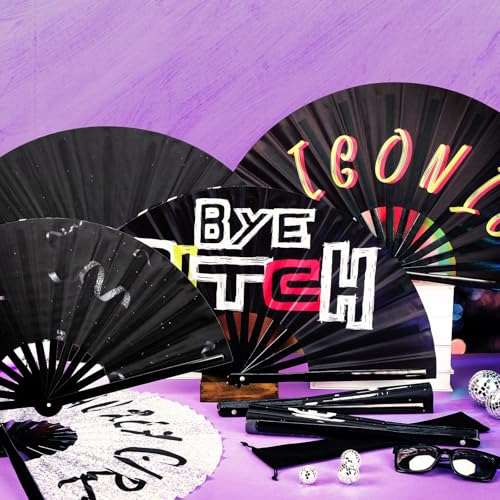 FairySandy 6 Pcs Large Bamboo Folding Rave Fans - Lightweight Handheld Clack Fans for Parties & Dance