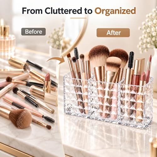 MOSIKER Clear Acrylic Makeup Brush Organizer with 3 Compartments for Vanity