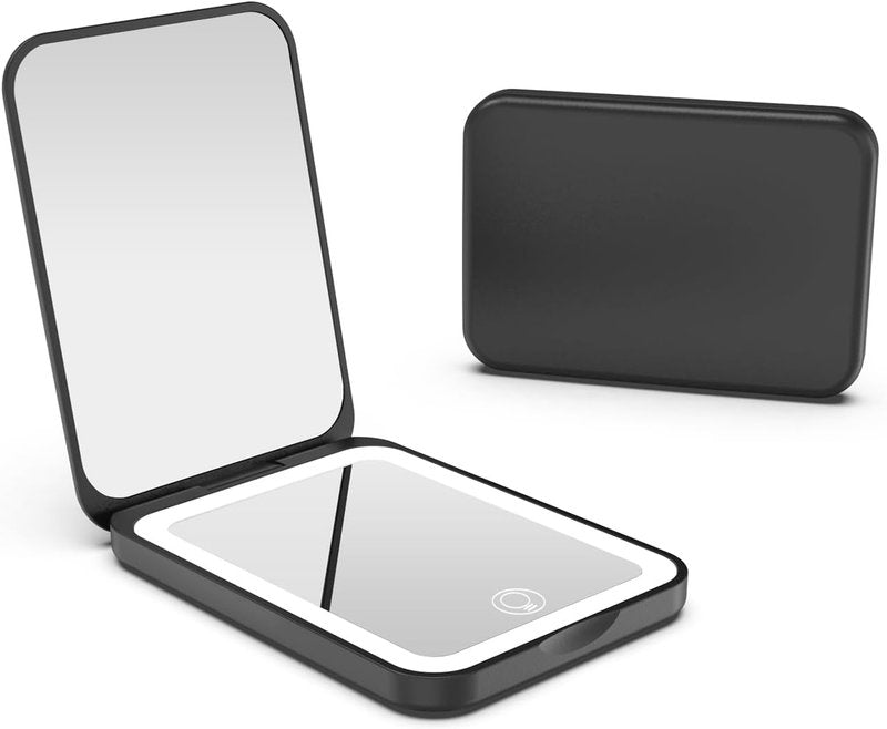 Kintion Pocket Mirror - Rechargeable Dimmable 3 Color LED Lighting | Compact Travel Makeup Mirror for Women - Black