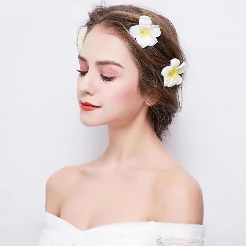 Hawaiian Plumeria Hair Clips - 3pcs Galsang Flower Barrettes for Beach Parties | White
