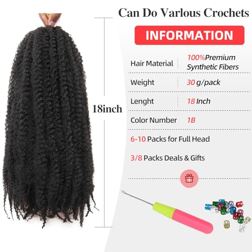 QRHSUKA 8 Packs 18 Inch Marley Twist Braiding Hair 1B - Soft Afro Kinky Extensions