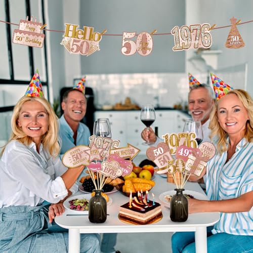 50th Birthday Photo Booth Props Kit - 30 Pcs Pink Rose Gold Decorations
