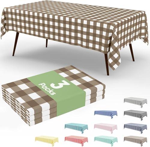 Smiry 3 Pack Brown Gingham Disposable Tablecloths - 54" x 108" Waterproof Covers for Parties & Picnics