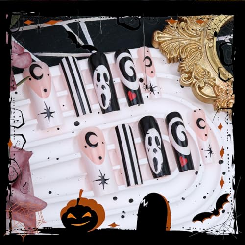 Halloween Nails Set - 24 Long Square Fake Nail Tips with Ghost & Moon Designs - Variation 5