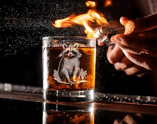 Vintage Raccoon Engraved Whiskey Glass - 11oz Barware Gift