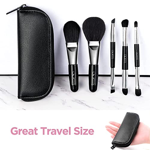 Black Mini Travel Makeup Brush Set - 5 Double-Ended Cosmetic Brushes with Pouch