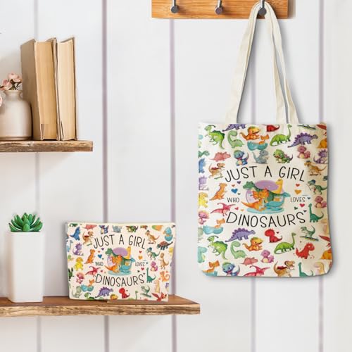 Cute Dinosaur Tote Bag Set with Makeup Bag for Women - Girl Dinosaurs 1186