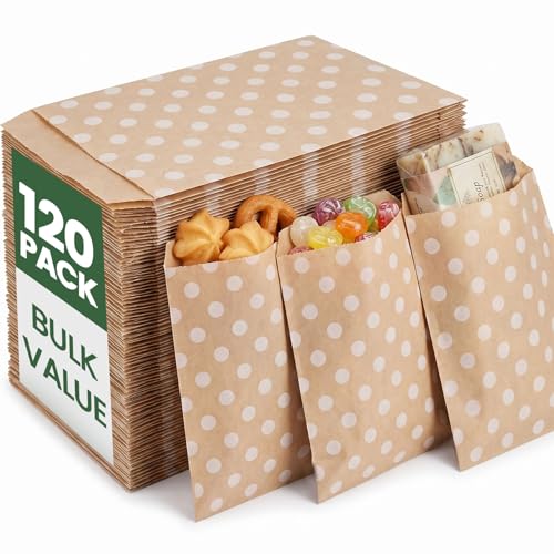 VGOODALL 120PCS Flat Kraft Paper Treat Bags - 5" x 7" Dot Pattern