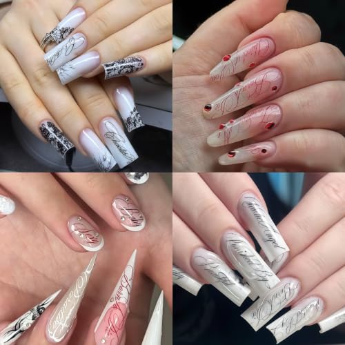 6 Sheets Cursive Letter Nail Stickers - 3D Self-Adhesive Nail Decals