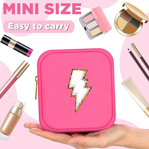 Zubebe 6-Piece Fluorescent Color Mini Nylon Makeup Bags with Chenille Letter Patches, Portable Cosmetic & Travel Pouch Set for Women