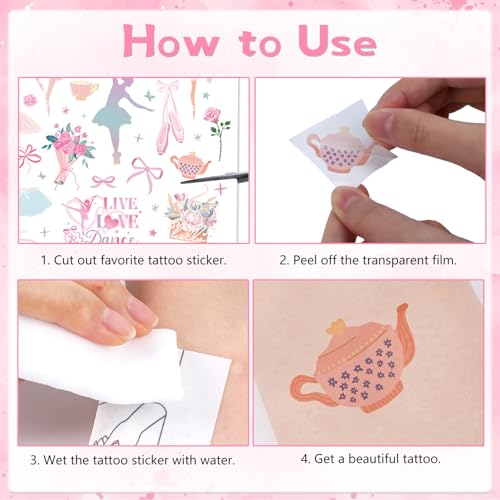 Lovarywow Ballerina Party Temporary Tattoos - 200+ Ballet Dance Stickers for Kids, Decorations & Gifts