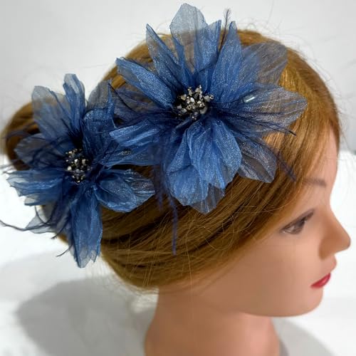 Sanrich 4pcs Organza Flower Feather Hair Clips - Blue