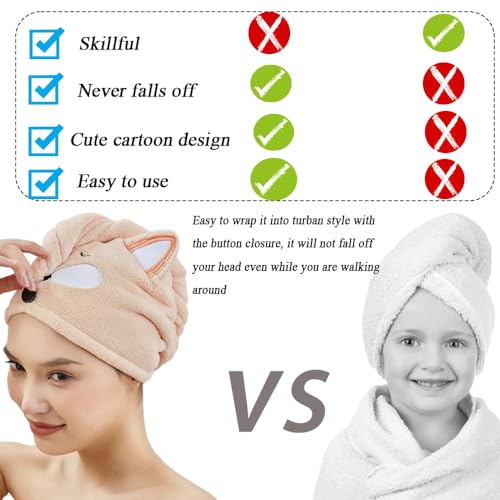 iNelihoo Pink Fox Kids Hair Towel Wrap - Absorbent, Quick-Dry Turban for Girls 0-9