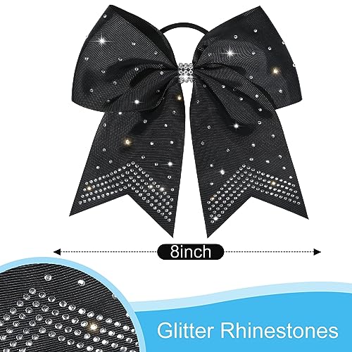 CEELGON 12 Pack Black Rhinestone Cheer Bows 7-Inch Ponytail Holders for Cheerleaders Girls Sports