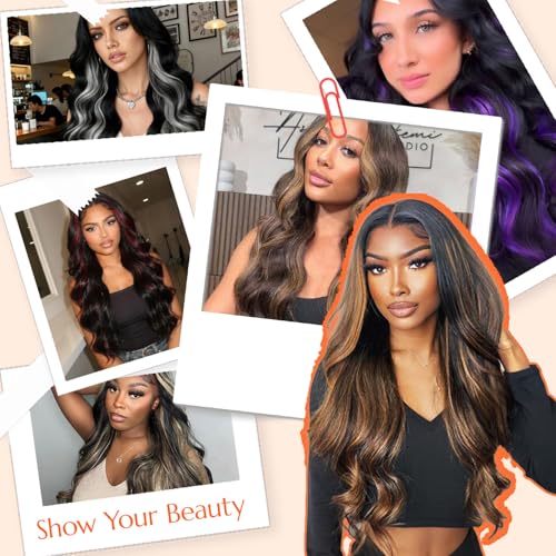 28 Inch Honey Blonde Highlights Black Roots Lace Front Wig - Walsdi 5x5 HD Synthetic Body Wave, Pre-Cut & Glueless, Easy Install for Beginners