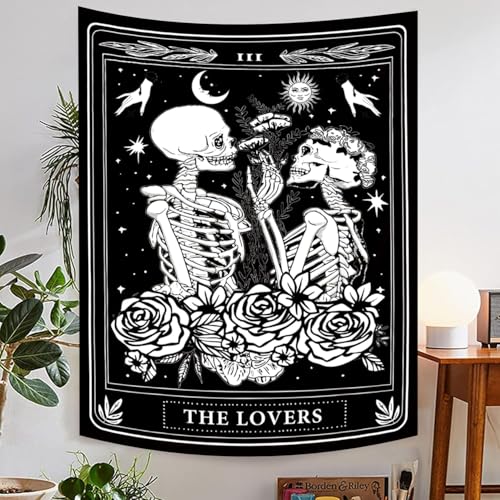 Gothic Lovers Skull Tapestry - Black & White Wall Hanging 40" x 60"