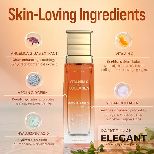 Fleur De Peau Vitamin C & Collagen Serum for Face – Anti-Aging & Brightening, Korean Skin Care, 95% Natural