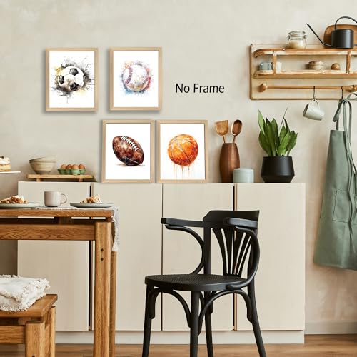 Sports Wall Art Set of 4 - Basketball, Soccer, Football & Baseball Prints - 8x10 Unframed Decor