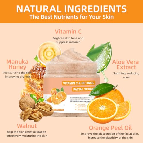 Vitamin C & Retinol Face Scrub for Deep Cleansing & Brightening - Gentle Exfoliating Facial Wash