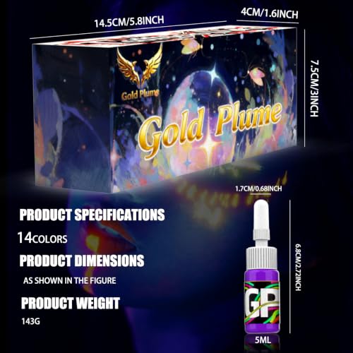 Gold Plume YGMS-14 Tattoo Ink Set - 14 Colors, 0.17oz Bottles for Artists