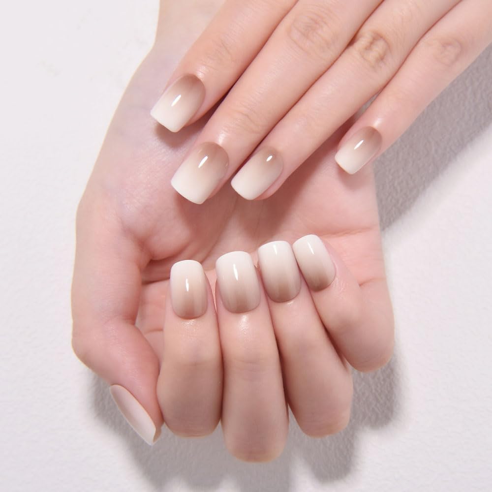 Cat Eye French Tip Press-On Nails - Nude & Pink Short Almond | Reusable Glue-On Nails with Gold Line for Weddings & Parties