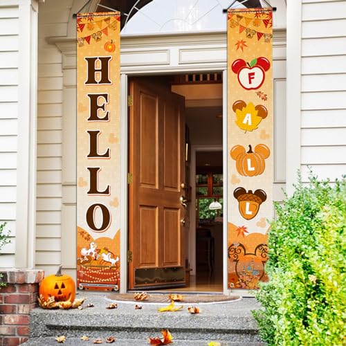 Hello Fall Porch Sign Banner - Mouse Pumpkin & Maple Leaf Decor