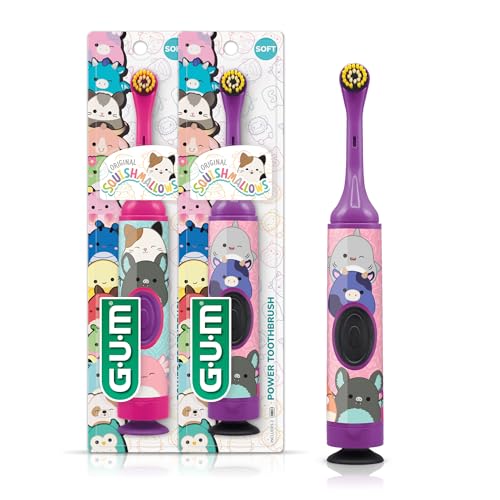 GUM Squishmallows Kids Battery Power Electric Toothbrush - Soft Bristles, Oscillating Head, 2-Pack