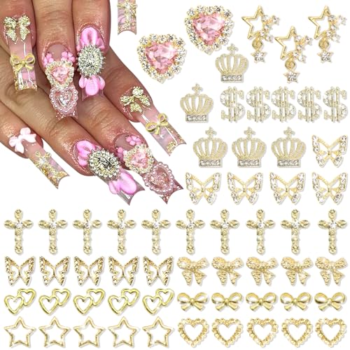 YAEISM Gold Nail Charms 180PCS Set - Cross, Star, Butterfly, Crown & More