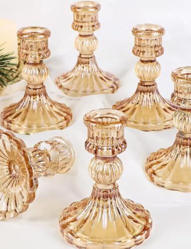 Gold Glass Taper Candlestick Holders - 4" Height, Set of 2