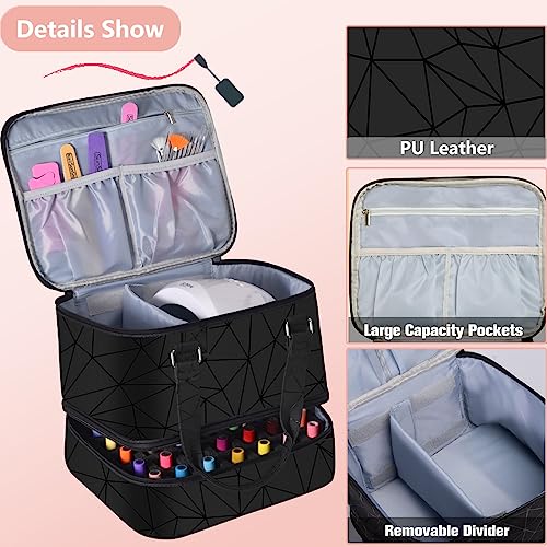 FCQQYWZ Nail Polish Organizer Case - Holds 42+ Bottles (15ml/0.5 fl.oz) and 1 Nail Lamp, Upgraded Double-layer Nail Polish Carrying Case Nail Storage Bag with Handles (Black)